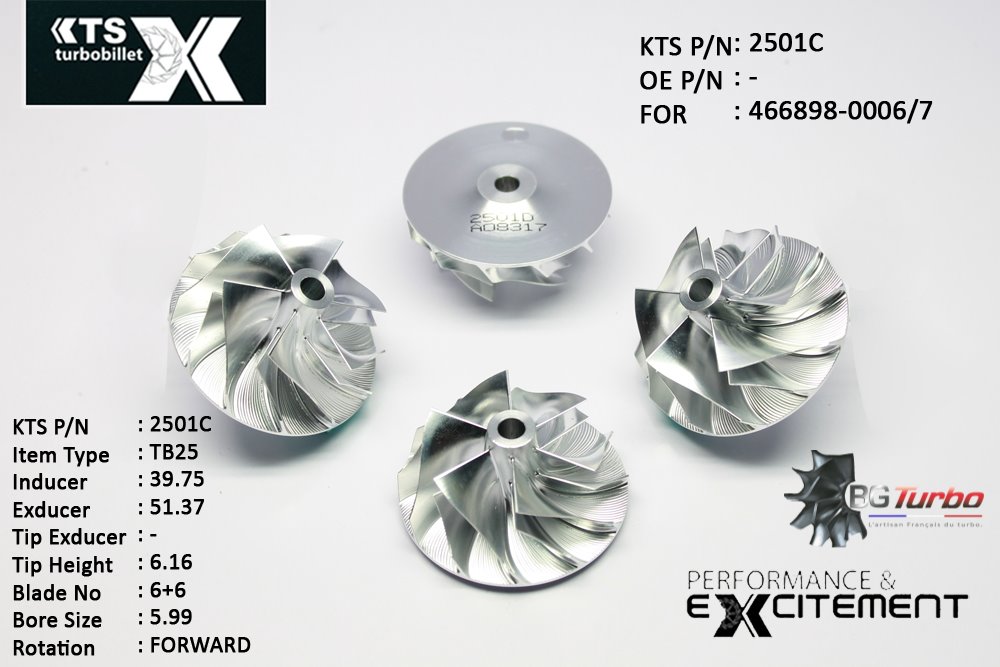 Turbo ROUE FORGÉE MFS PERFORMANCE - 6+6 PALES - INDUCER : 39,75 - EXDUCER : 51,37 - TYPE : TB25ANGLE : 60° - ROTATION : Forward - SUPER BACK : 2,24 - BORE SIZE : 5,99
